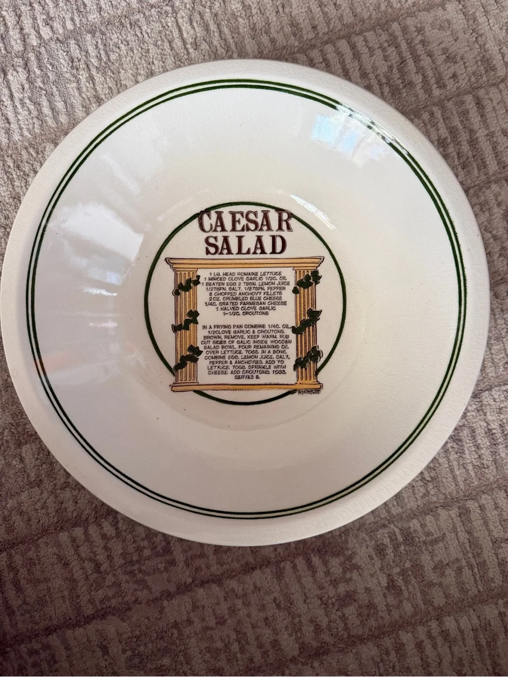 Vintage Caesar Salad Recipe Ceramic Serving Bowl - White with Green Trim
